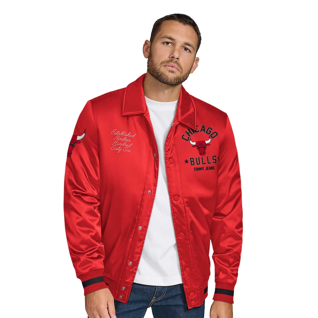 Men's Chicago Bulls Tommy Jeans Red Jacob Chain Stitch Applique Full-Snap Varsity Jacket