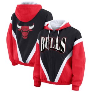 Women's Chicago Bulls WEAR by Erin Andrews Black/Red Colorblock Full-Zip Hoodie Windbreaker Jacket