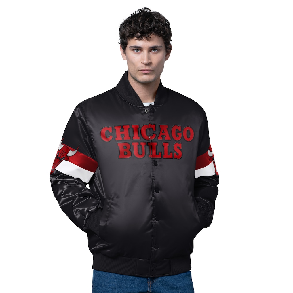 Men's Chicago Bulls Starter Black Triple Option Varsity Full-Snap Satin Jacket