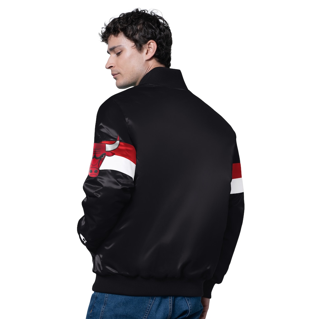 Men's Chicago Bulls Starter Black Triple Option Varsity Full-Snap Satin Jacket - Image 2