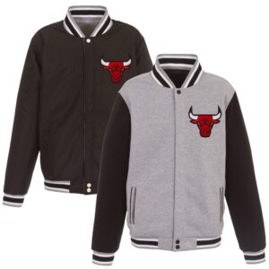 Men's Chicago Bulls JH Design Gray/Black Embroidered Logo Reversible Fleece Full-Snap Jacket