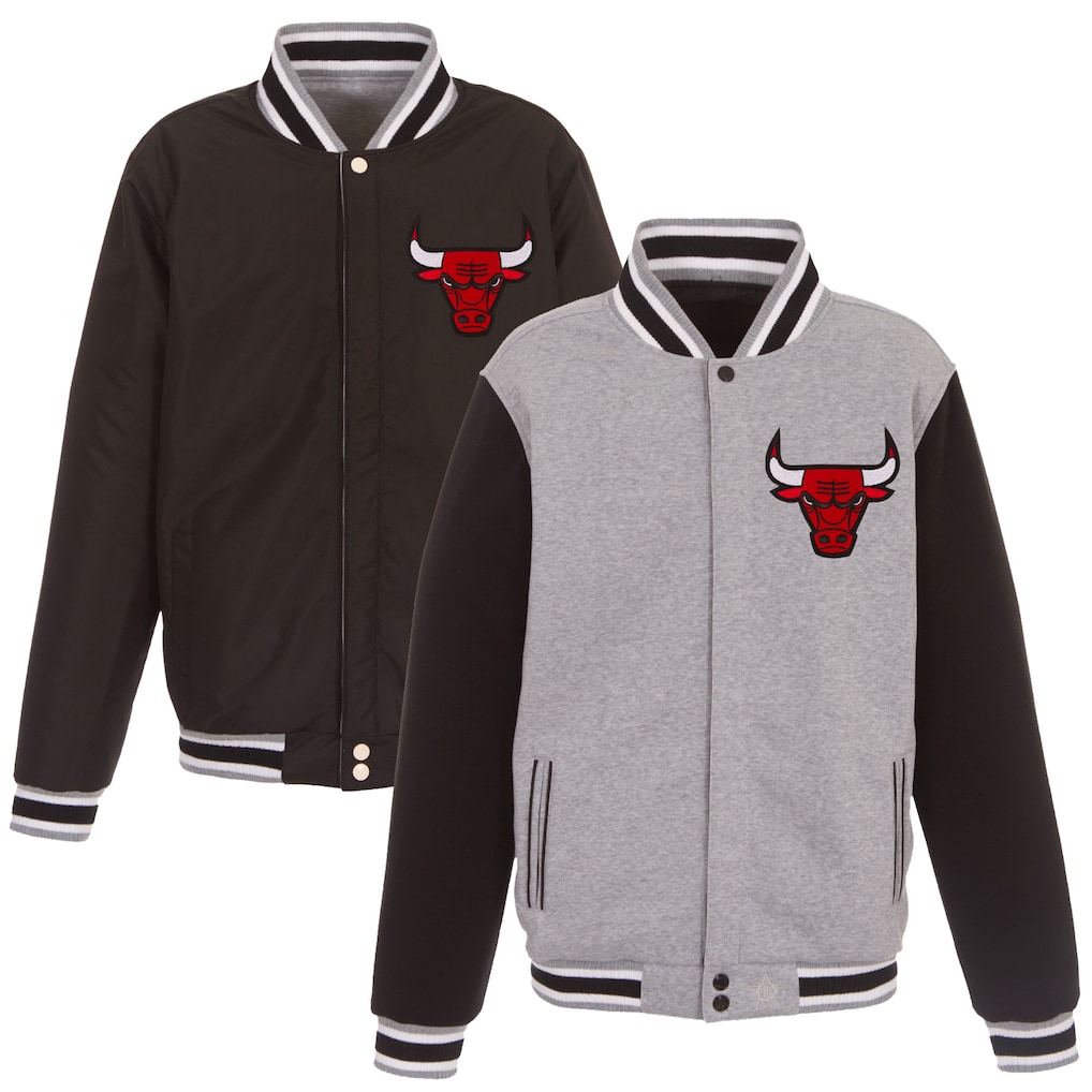 Men's Chicago Bulls JH Design Gray/Black Embroidered Logo Reversible Fleece Full-Snap Jacket