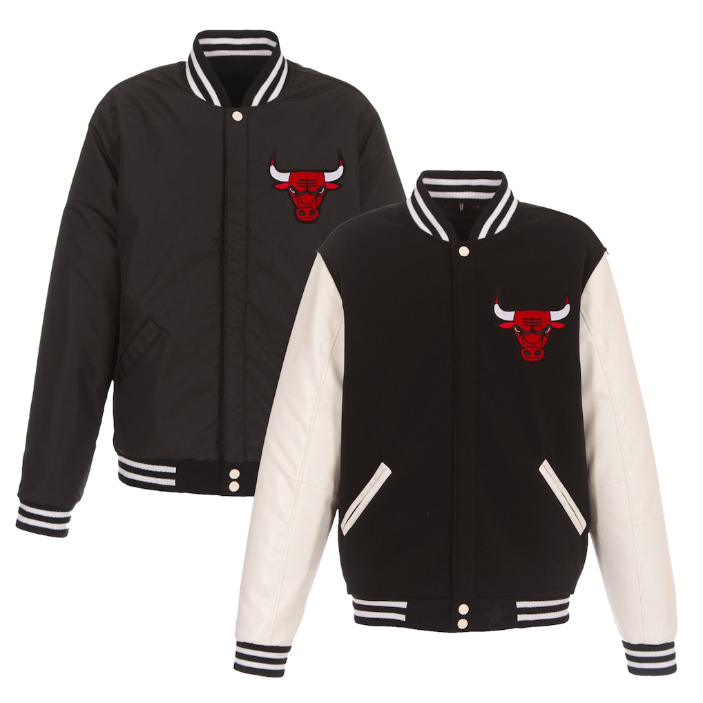 Men's Chicago Bulls JH Design Black/White Reversible Fleece & Faux Leather Full-Snap Jacket