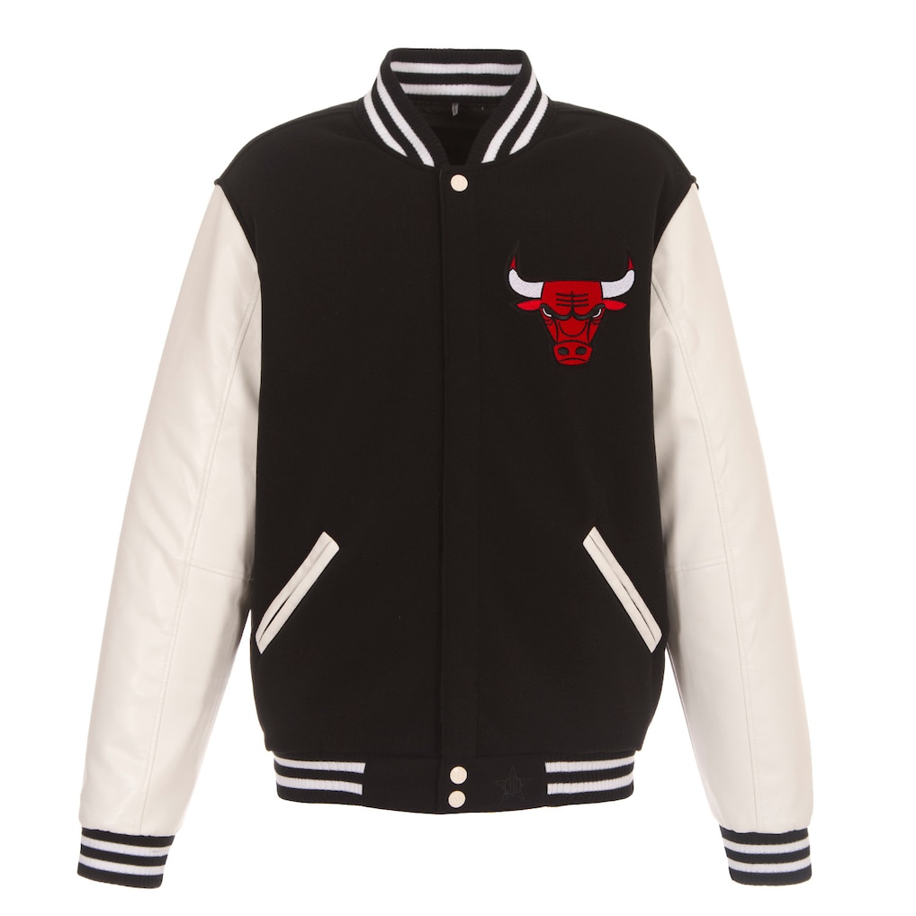Men's Chicago Bulls JH Design Black/White Reversible Fleece & Faux Leather Full-Snap Jacket - Image 2