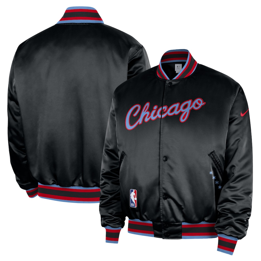 Men's Chicago Bulls Nike Black 2025/26 City Edition Remix Courtside Full-Snap Bomber Jacket