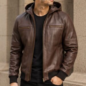 Men’s Brown Leather Jacket with Hood | Dark Brown Jacket