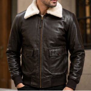 Men's dark brown leather bomber jacket with cream shearling collar