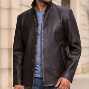 Men's dark brown leather jacket front view, premium genuine leather jacket with button closure and stand collar