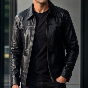 Men’s Black Leather Jacket | Genuine Leather Biker Jacket with Zip Closure