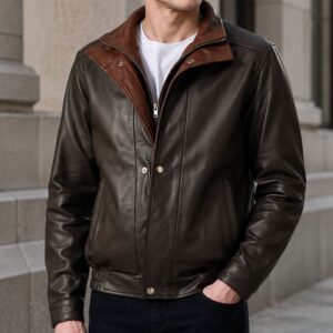 Men’s brown leather jacket with contrast collar