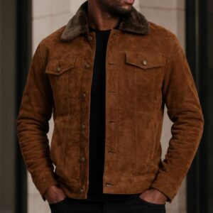 Men’s Brown Suede Leather Jacket | Shearling Collar Trucker Jacket