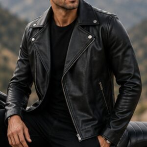 Men’s black genuine leather biker jacket with asymmetrical zipper and lapel collar