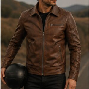 Men’s premium brown leather jacket with classic collar, front zipper closure, chest and side zip pockets, full sleeves, and stylish biker design.