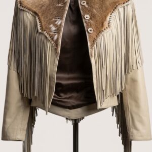 Leather Jacket for Men's Western Cowboy Fringe with Cowhide Beaded Jacket
