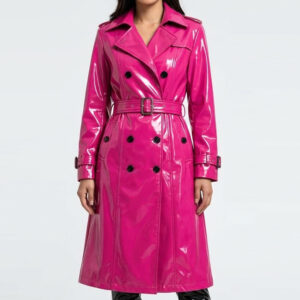 Women's pink glossy trench coat with double breasted front, lapel collar and adjustable waist belt