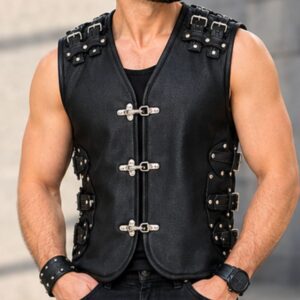 Men's black leather biker vest with triple silver bar-buckle closure and studded shoulders — front view