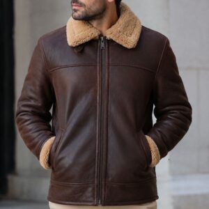 Men's Brown Leather Shearling Jacket Front View