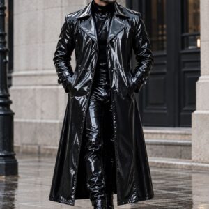 Black PVC leather trench coat for men, long full-length faux leather trench coat with glossy finish and classic lapel collar