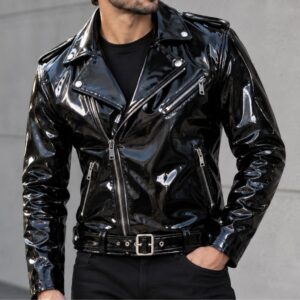 Men's black PVC leather biker jacket, glossy motorcycle jacket with asymmetrical zipper, multiple zip pockets, lapel collar and adjustable belt